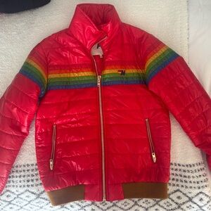 AVIATOR NATION STRIPE RAINBOW SLEEVE JACKET- GLOSSY CHERRY
